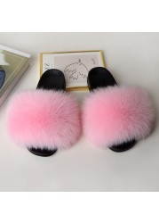 Genuine Fluffy Fur Slippers Women Summer Indoor Flip Flops Fur Sandals Slides Ladies Home Furry Plush Shoes Woman Fur Slides