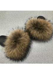 Genuine Fluffy Fur Slippers Women Summer Indoor Flip Flops Fur Sandals Slides Ladies Home Furry Plush Shoes Woman Fur Slides