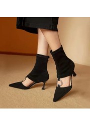 2022 Women Sandals Fashion French Shoes Sexy High Heels Black Suede Pointed Toe Summer Fashion Shoes Zipper Back Stiletto Heel Hollow Shoes