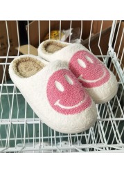 Smiley Face Slippers Winter Women Slippers Fluffy Plush Warm Soft Soled Cotton Shoes Indoor Home Non-slip Bedroom Flat Shoes