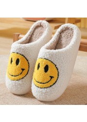 Smiley Face Slippers Winter Women Slippers Fluffy Plush Warm Soft Soled Cotton Shoes Indoor Home Non-slip Bedroom Flat Shoes