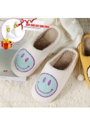 Winter Women Slippers Fluffy Smiley Face Slippers Fur Warm Couple Cotton Shoes Home Indoor Thick-soled Non-slip Floor Shoes 2022