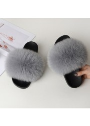 Summer fox fur slippers flat non-slip solid plush home shoes