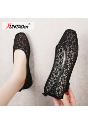 Women Transparent Lace Soft Flats Ladies Square Toe Sexy Black Boat Shoes Summer Breathable Beige Non-slip Flat Shoes 35-40