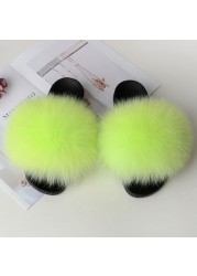 Women Summer Fluffy Fur Slippers Flat Non-slip Solid Real Furry Fur Slides Platform Shoes Plush Fur Sandals Flip Flops Women