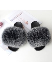 Women Summer Fluffy Fur Slippers Flat Non-slip Solid Real Furry Fur Slides Platform Shoes Plush Fur Sandals Flip Flops Women