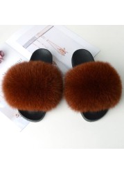 Women Summer Fluffy Fur Slippers Flat Non-slip Solid Real Furry Fur Slides Platform Shoes Plush Fur Sandals Flip Flops Women