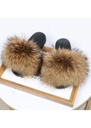 Women Summer Fluffy Fur Slippers Flat Non-slip Solid Real Furry Fur Slides Platform Shoes Plush Fur Sandals Flip Flops Women