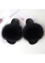 Women Summer Fluffy Fur Slippers Flat Non-slip Solid Real Furry Fur Slides Platform Shoes Plush Fur Sandals Flip Flops Women