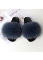 Women Summer Fluffy Fur Slippers Flat Non-slip Solid Real Furry Fur Slides Platform Shoes Plush Fur Sandals Flip Flops Women