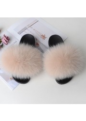 Women Summer Fluffy Fur Slippers Flat Non-slip Solid Real Furry Fur Slides Platform Shoes Plush Fur Sandals Flip Flops Women