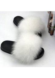 Women Summer Fluffy Fur Slippers Flat Non-slip Solid Real Furry Fur Slides Platform Shoes Plush Fur Sandals Flip Flops Women