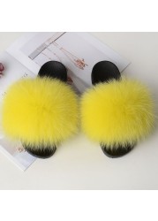 Women Summer Fluffy Fur Slippers Flat Non-slip Solid Real Furry Fur Slides Platform Shoes Plush Fur Sandals Flip Flops Women