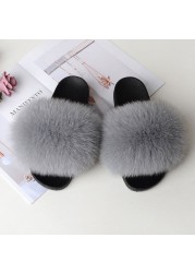 Women Summer Fluffy Fur Slippers Flat Non-slip Solid Real Furry Fur Slides Platform Shoes Plush Fur Sandals Flip Flops Women