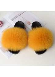 Women Summer Fluffy Fur Slippers Flat Non-slip Solid Real Furry Fur Slides Platform Shoes Plush Fur Sandals Flip Flops Women