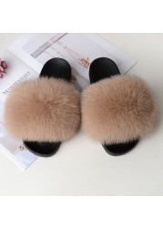 Women Summer Fluffy Fur Slippers Flat Non-slip Solid Real Furry Fur Slides Platform Shoes Plush Fur Sandals Flip Flops Women