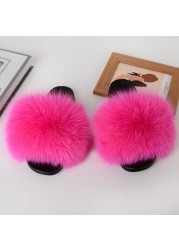 Women Summer Fluffy Fur Slippers Flat Non-slip Solid Real Furry Fur Slides Platform Shoes Plush Fur Sandals Flip Flops Women