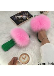 Summer Women Slippers Cotton Fabric Real Fur Flip Flops Fancy Sandals Ladies Faux Fur Slippers 2022 Home Shoes Woman