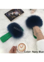 Summer Women Slippers Cotton Fabric Real Fur Flip Flops Fancy Sandals Ladies Faux Fur Slippers 2022 Home Shoes Woman