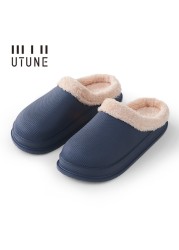 UTUNE Winter Slippers Men Shell Mules Waterproof EVA Indoor Plush Warm Shoes Women Anti-slip Garden Home Slippers Thick Solid