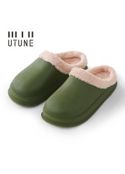 UTUNE Winter Slippers Men Shell Mules Waterproof EVA Indoor Plush Warm Shoes Women Anti-slip Garden Home Slippers Thick Solid