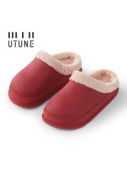 UTUNE Winter Slippers Men Shell Mules Waterproof EVA Indoor Plush Warm Shoes Women Anti-slip Garden Home Slippers Thick Solid