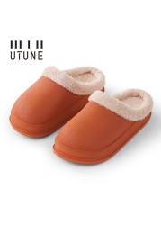 UTUNE Winter Slippers Men Shell Mules Waterproof EVA Indoor Plush Warm Shoes Women Anti-slip Garden Home Slippers Thick Solid