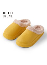 UTUNE Winter Slippers Men Shell Mules Waterproof EVA Indoor Plush Warm Shoes Women Anti-slip Garden Home Slippers Thick Solid