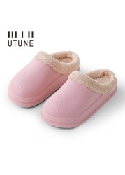 UTUNE Winter Slippers Men Shell Mules Waterproof EVA Indoor Plush Warm Shoes Women Anti-slip Garden Home Slippers Thick Solid