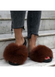 Women Fox Shoes Fur Slippers Real Fox Fur Slides Home Furry Flat Sandals Female Cute Wholesale House Shoes Woman Luxury Brand Ho