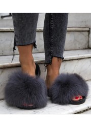 Women Fox Shoes Fur Slippers Real Fox Fur Slides Home Furry Flat Sandals Female Cute Wholesale House Shoes Woman Luxury Brand Ho