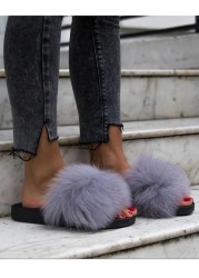 Women Fox Shoes Fur Slippers Real Fox Fur Slides Home Furry Flat Sandals Female Cute Wholesale House Shoes Woman Luxury Brand Ho