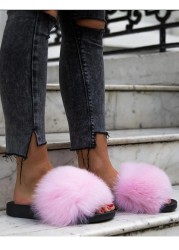 Women Fox Shoes Fur Slippers Real Fox Fur Slides Home Furry Flat Sandals Female Cute Wholesale House Shoes Woman Luxury Brand Ho