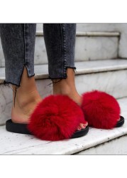 Women Fox Shoes Fur Slippers Real Fox Fur Slides Home Furry Flat Sandals Female Cute Wholesale House Shoes Woman Luxury Brand Ho