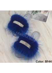 Jelly Slippers Transparent Crystal Flat Slippers Furry Slides for Women Fluffy Slippers Fur Sandals Flip Flop Ladies Summer 2022