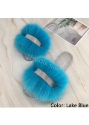 Jelly Slippers Transparent Crystal Flat Slippers Furry Slides for Women Fluffy Slippers Fur Sandals Flip Flop Ladies Summer 2022