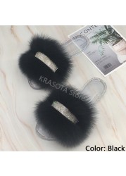 Jelly Slippers Transparent Crystal Flat Slippers Furry Slides for Women Fluffy Slippers Fur Sandals Flip Flop Ladies Summer 2022