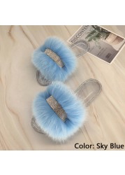 Jelly Slippers Transparent Crystal Flat Slippers Furry Slides for Women Fluffy Slippers Fur Sandals Flip Flop Ladies Summer 2022