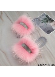 Jelly Slippers Transparent Crystal Flat Slippers Furry Slides for Women Fluffy Slippers Fur Sandals Flip Flop Ladies Summer 2022