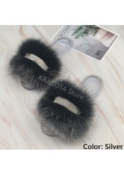 Jelly Slippers Transparent Crystal Flat Slippers Furry Slides for Women Fluffy Slippers Fur Sandals Flip Flop Ladies Summer 2022