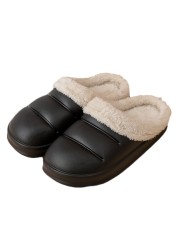 Winter Women Fur Slippers Waterproof Warm Plush Household Slides Indoor Home Thick Sole Shoes Non-slip Solid Couple Sandals