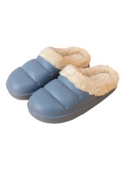 Winter Women Fur Slippers Waterproof Warm Plush Household Slides Indoor Home Thick Sole Shoes Non-slip Solid Couple Sandals