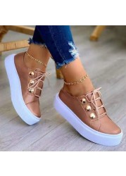 Rimocy Shiny PU Leather Thick Bottom Sneakers Woman Plus Size 43 Lace Up Platform Shoes Women Gold Silver Flats Zapatos De Mujer