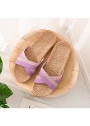 Women Linen Home Slippers Summer Casual Slides Beach Shoes Ladies Indoor Linen Slippers Bohemia Striped Flip Flops Sandals