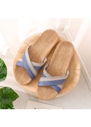 Women Linen Home Slippers Summer Casual Slides Beach Shoes Ladies Indoor Linen Slippers Bohemia Striped Flip Flops Sandals