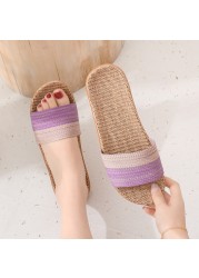 Women Linen Home Slippers Summer Casual Slides Beach Shoes Ladies Indoor Linen Slippers Bohemia Striped Flip Flops Sandals