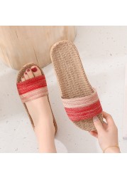 Women Linen Home Slippers Summer Casual Slides Beach Shoes Ladies Indoor Linen Slippers Bohemia Striped Flip Flops Sandals