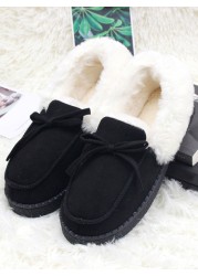 Women Slippers Winter Bow Tie Plush Warm Shoes Inside Loafers Indoor Slippers Ladies Ladies Slip On Shoes Chaussure Femme Women Shoes Non-leather Casual Shoes Women's Shoe Brand