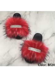 Home Slippers Women Thin Slippers Luxury Summer Faux Fur Slippers Furry Slides Shoes For Women With Rhinestones Slipper 2022