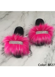 Home Slippers Women Thin Slippers Luxury Summer Faux Fur Slippers Furry Slides Shoes For Women With Rhinestones Slipper 2022